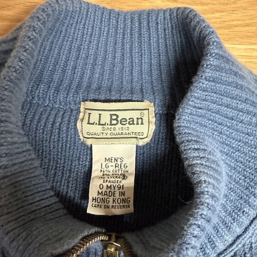 L.L.‎ Bean Men's Size Large-Reg Full Zip Sweater Cardigan Blue  100% Cotton Knit